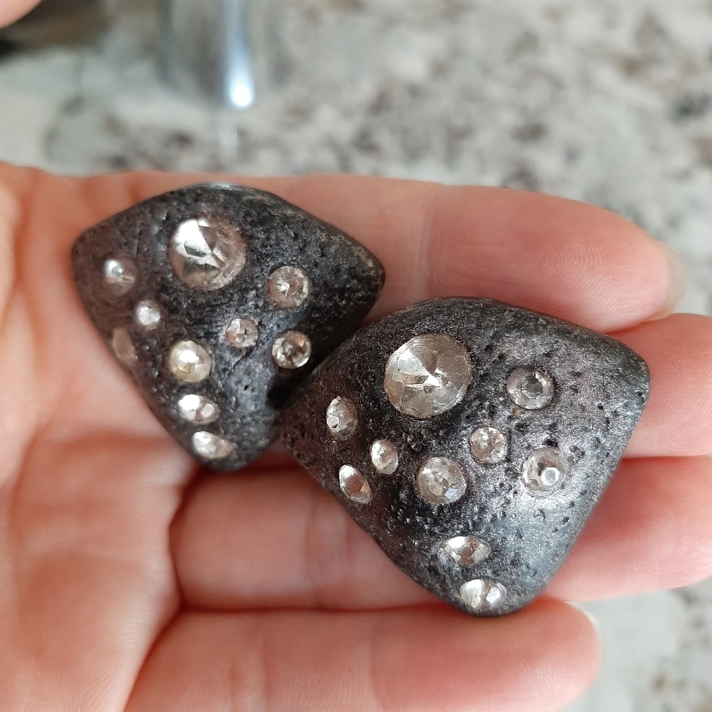 Vintage Earrings 80s Oversized Chunky Clip On Retro Unique Rock Rhinestone